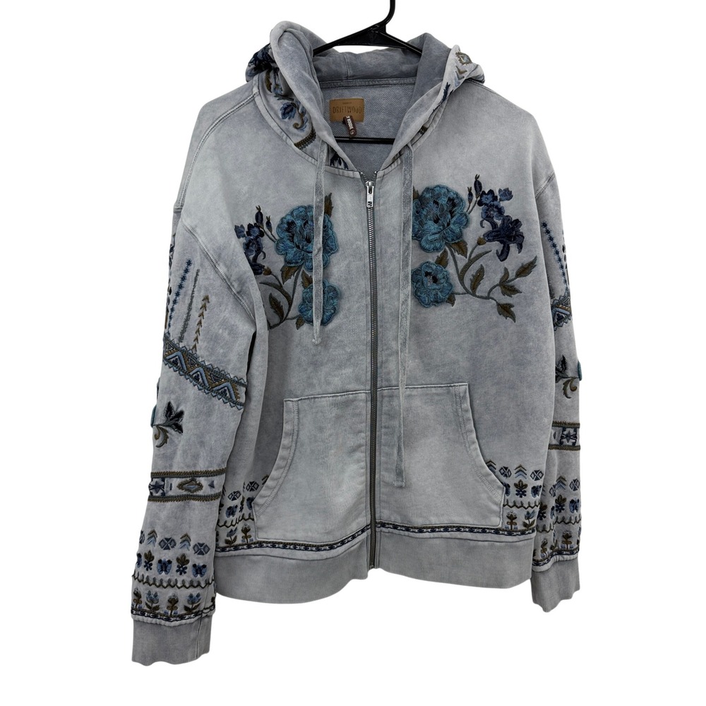 Driftwood Teddy Hoodie Womens Large Gray Floral Embroidered Full Zip Sweatshirt
